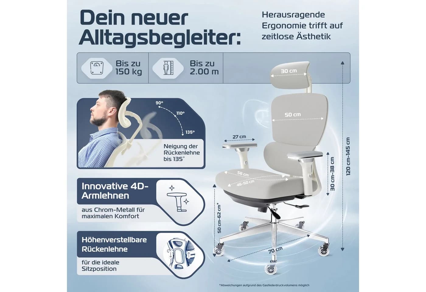CLOUVOU Bürostuhl Ergonomisch Grau 4D Armlehnen 3D Kopfstütze