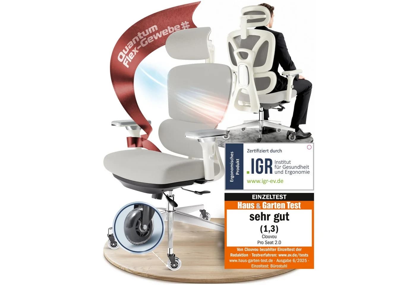 CLOUVOU Bürostuhl Ergonomisch Grau 4D Armlehnen 3D Kopfstütze - Bild 2