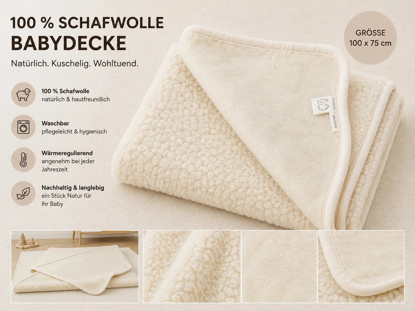 LIRA Deko Babydecke aus 100 % Schafwolle Beige