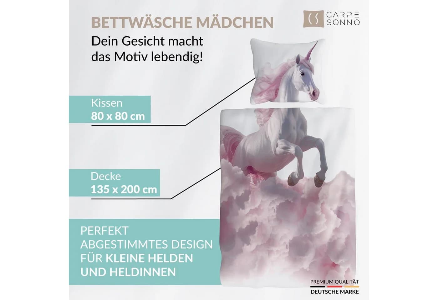 Carpe Sonno Kinderbettwäsche 135x200 Rosa Weiß Einhorn Interaktiv