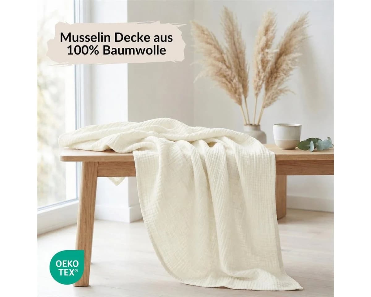 Carpe Sonno Musselin Wohndecke 150x200 cm 100% Baumwolle Creme