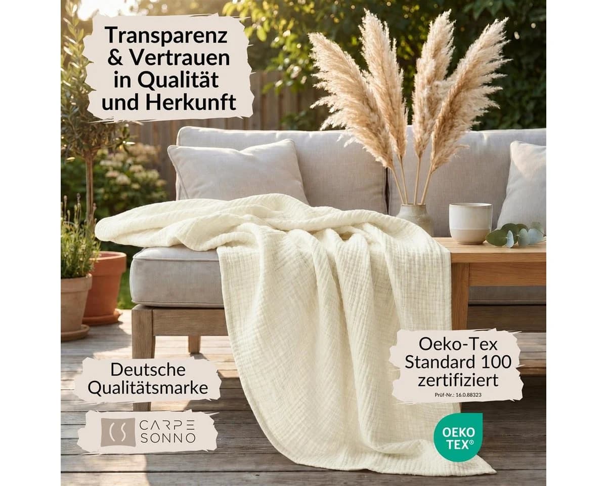 Carpe Sonno Musselin Wohndecke 150x200 cm 100% Baumwolle Creme - Bild 4