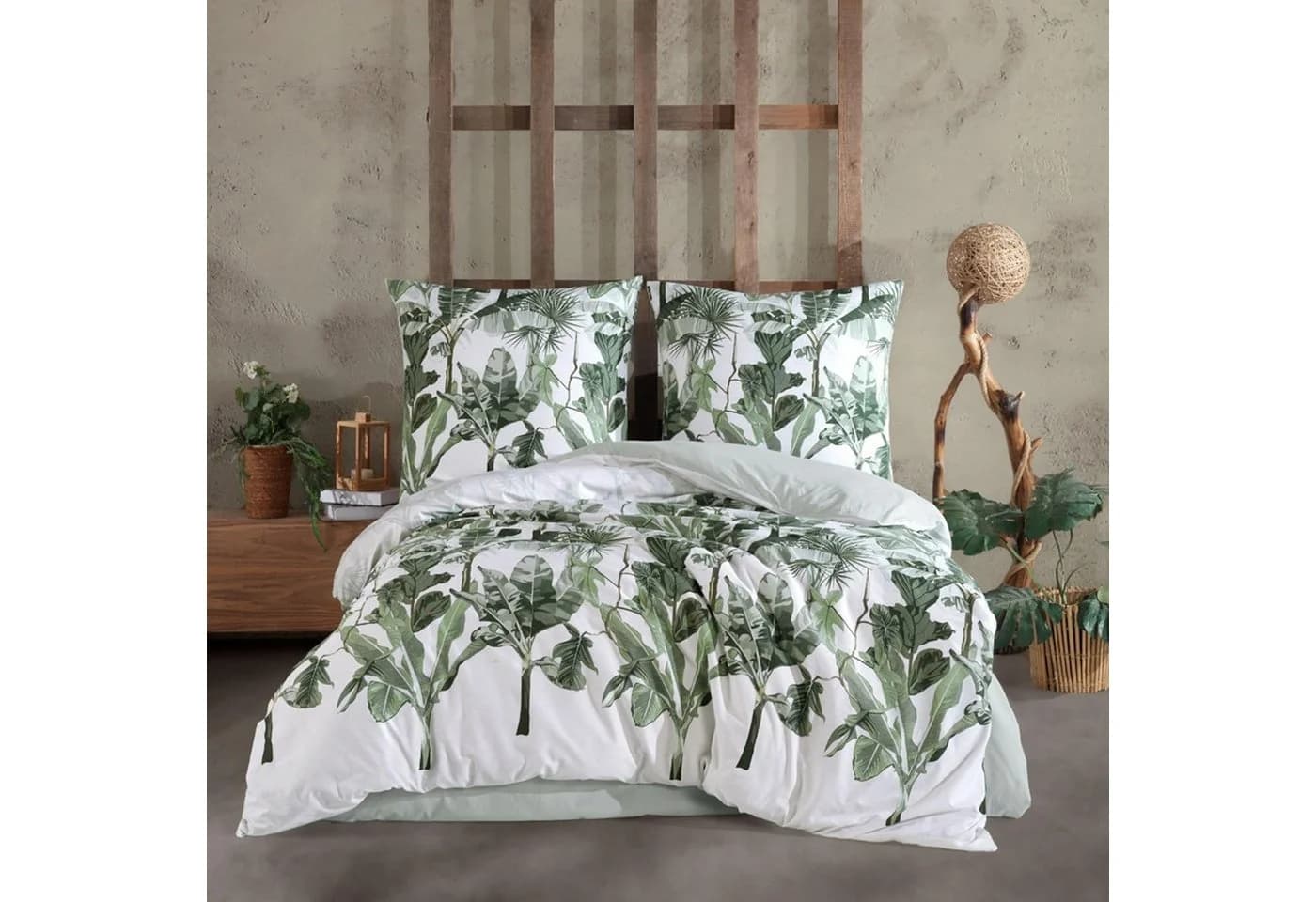 yadetextil Renforce Bettwäsche 3-tlg. Weiß/Grün Tropical Blattmuster