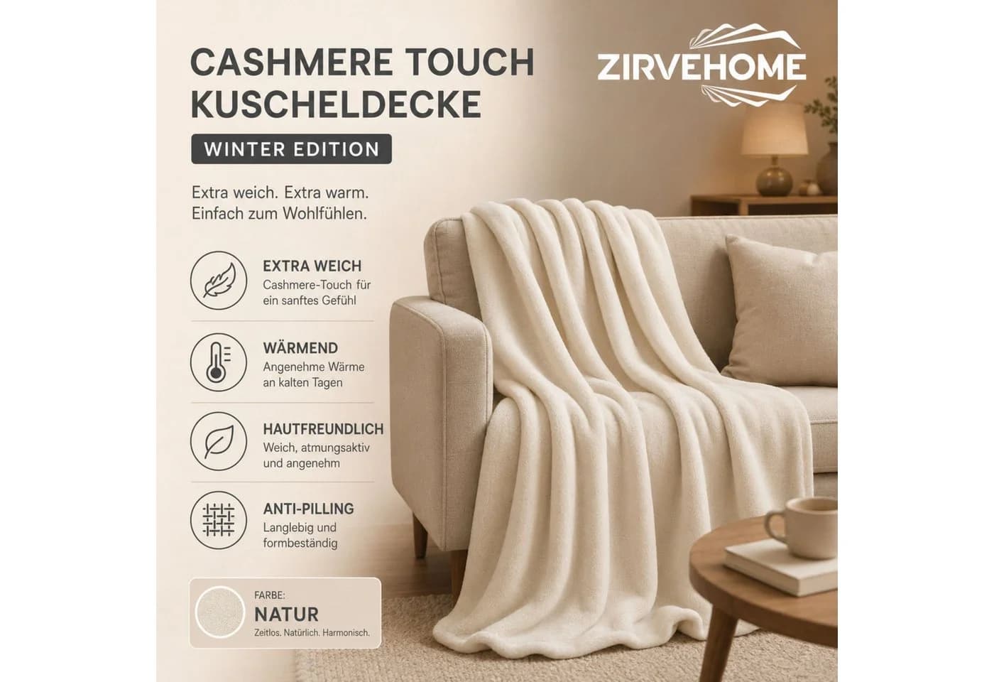 ZIRVEHOME Wohndecke Kuscheldecke Natur Polyester - Bild 5