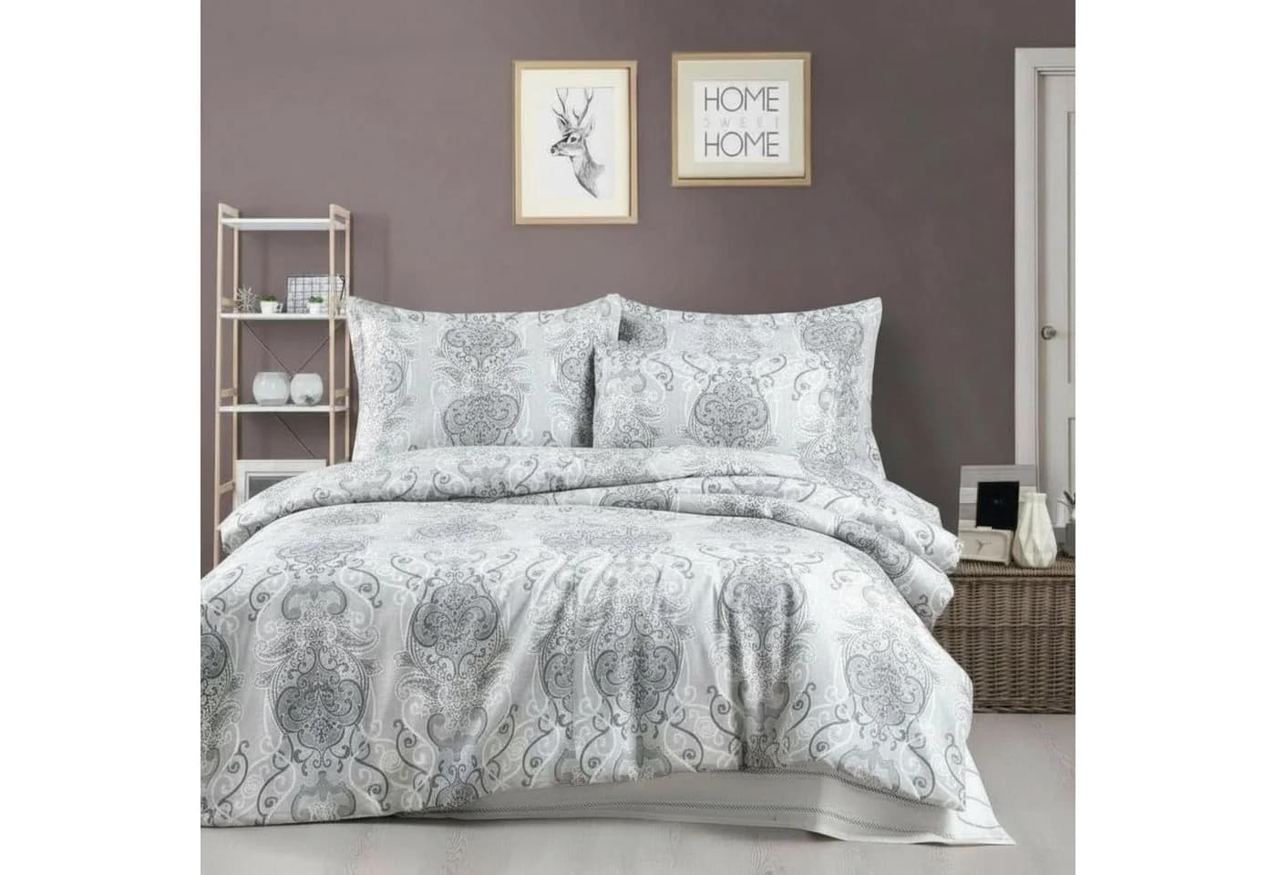 ZIRVEHOME Bettwäsche 2-tlg. Grau-Weiß Ornament 100% Baumwolle