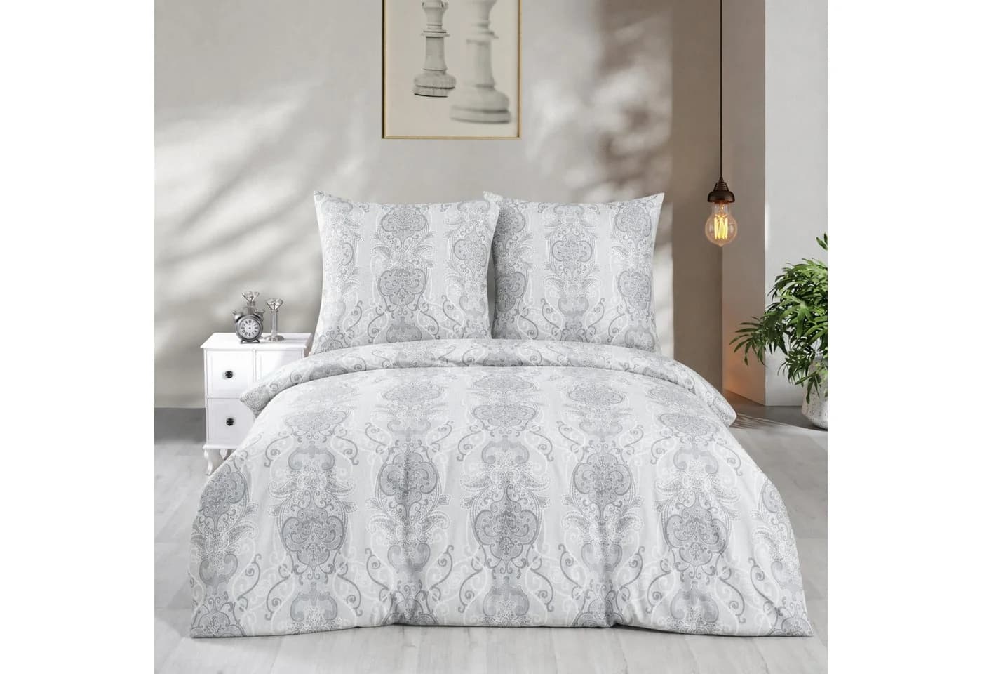 ZIRVEHOME Bettwäsche Baumwolle Grau-Weiß Ornament Barockmuster 3-teilig