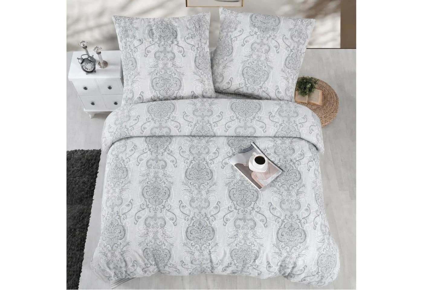 ZIRVEHOME Bettwäsche Baumwolle Grau-Weiß Ornament Barockmuster 3-teilig - Bild 2