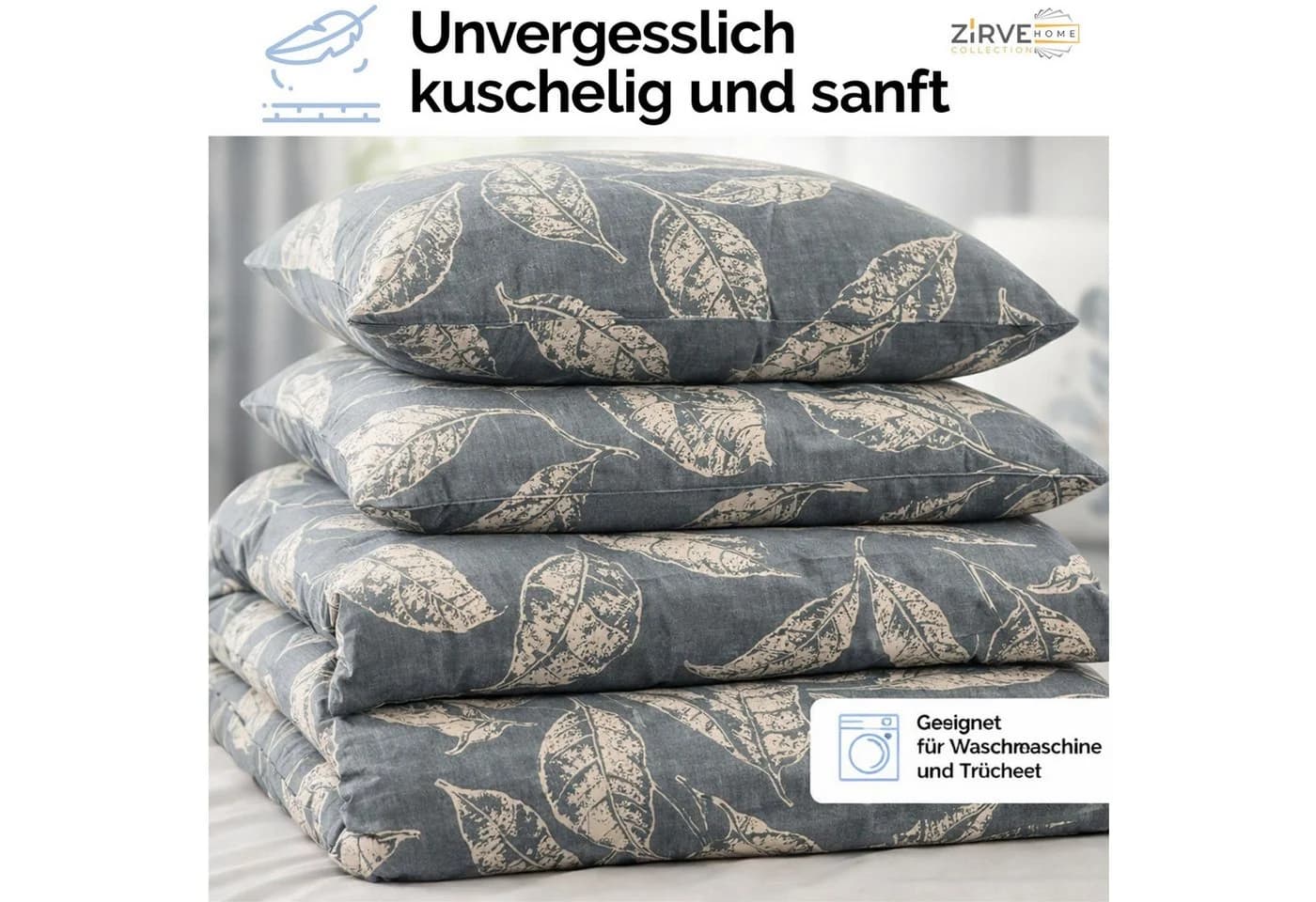ZIRVEHOME Bettwäsche Set 135x200 cm Grau Blau Blattmuster Baumwolle - Bild 3