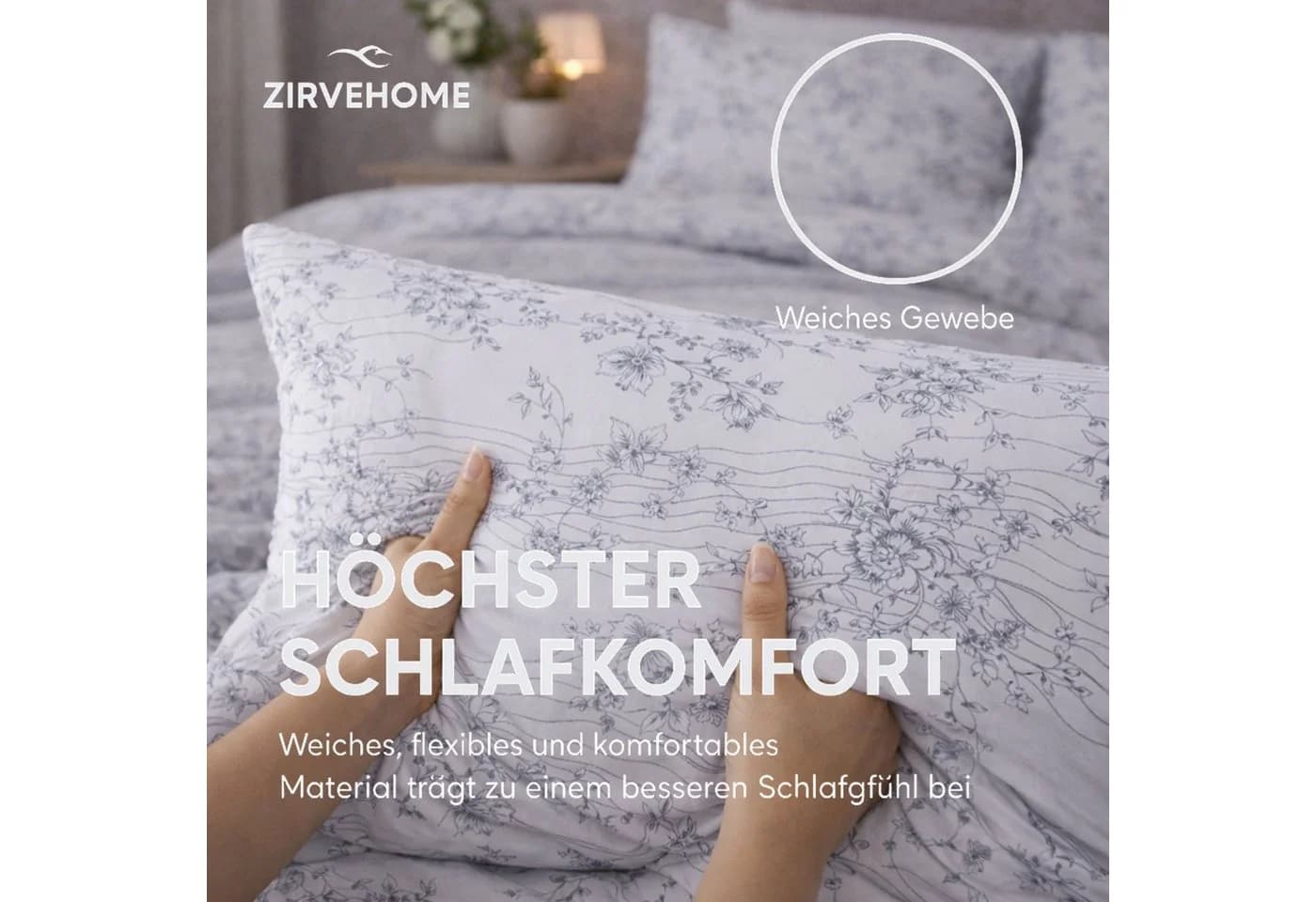 ZIRVEHOME Bettwäsche Set 3-teilig Baumwolle Grau Weiß Floral