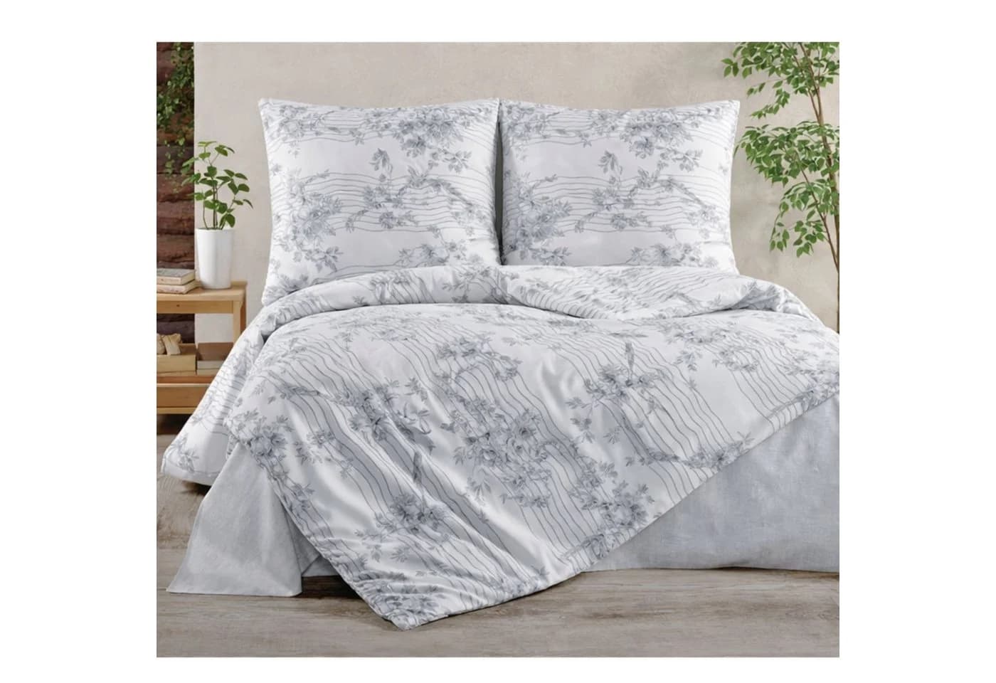 ZIRVEHOME Bettwäsche Set 3-teilig Baumwolle Grau Weiß Floral - Bild 2