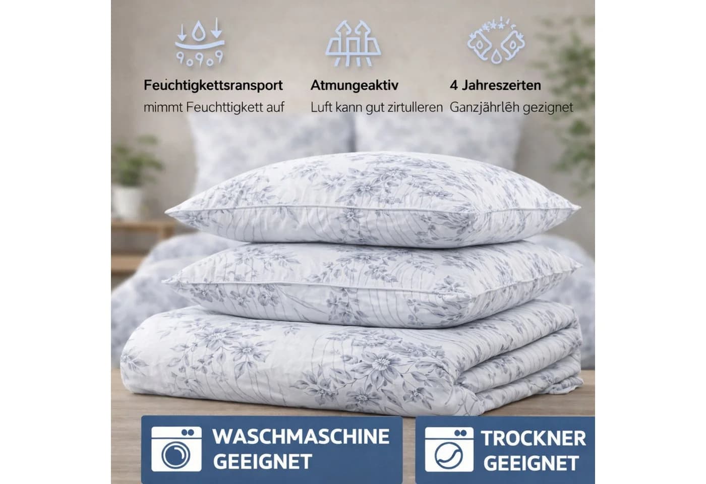 ZIRVEHOME Bettwäsche Set 3-teilig Baumwolle Grau Weiß Floral - Bild 4
