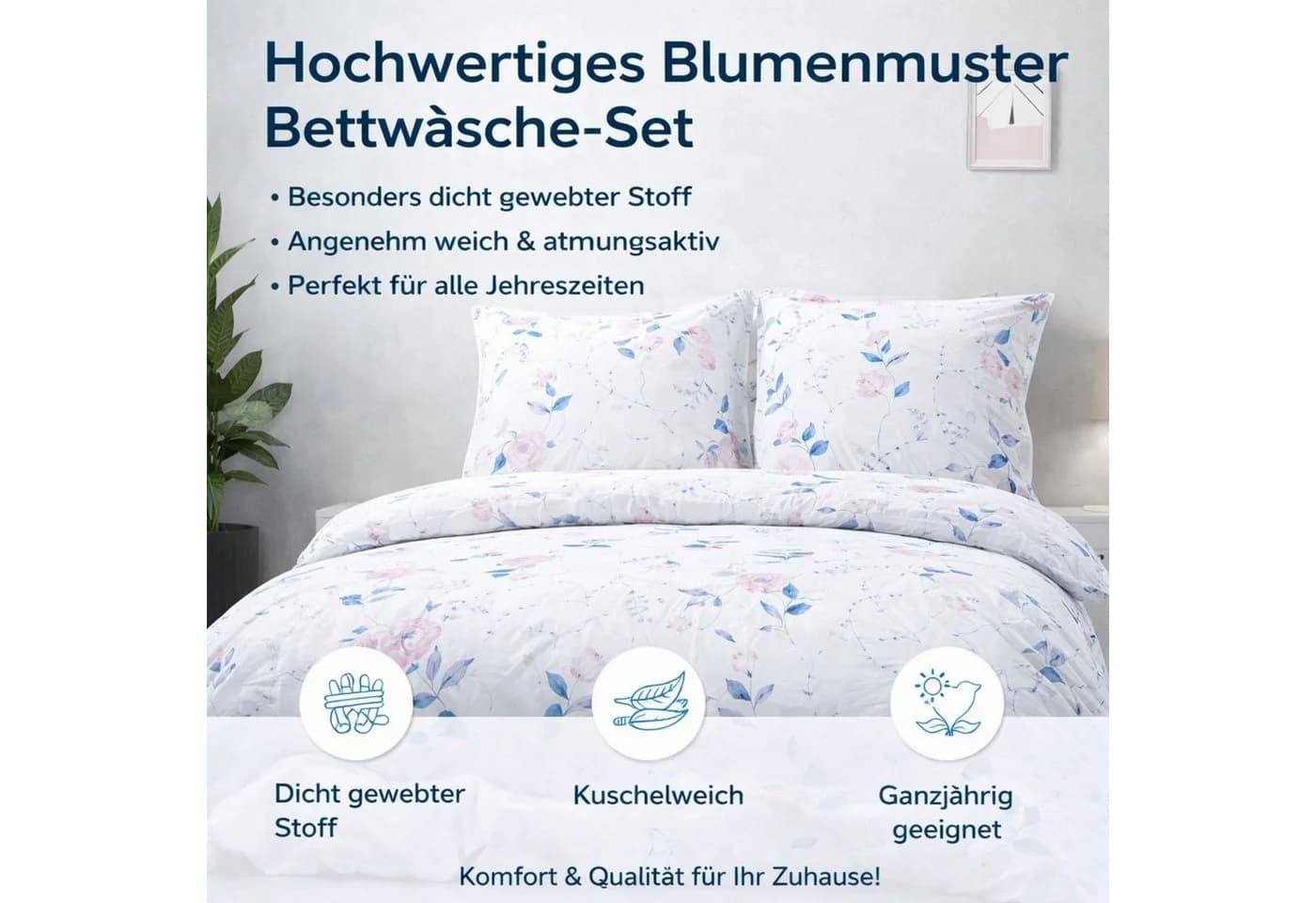 ZIRVEHOME Bettwäsche-Set 3-teilig Baumwolle Weiß Rosa Blau Floral - Bild 4