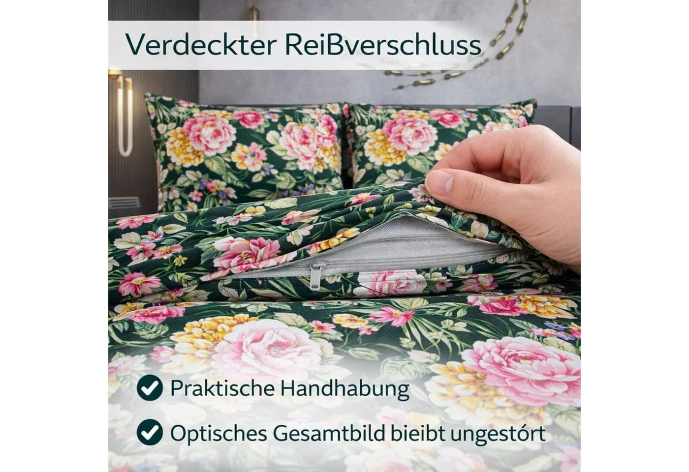 ZIRVEHOME Bettwäsche-Set Dunkelgrün Floral 3-teilig Baumwolle - Bild 4