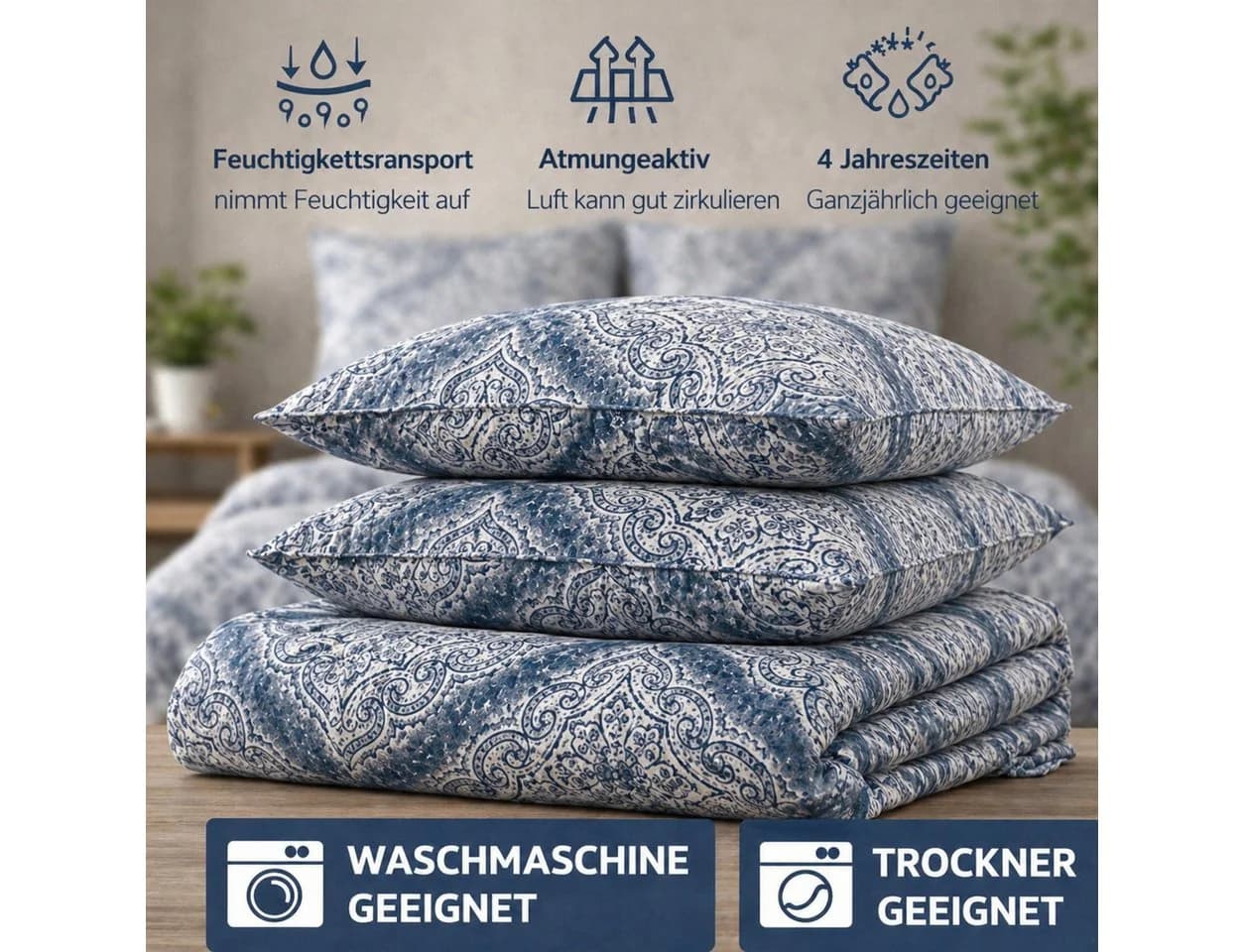 ZIRVEHOME Bettwäsche 2-teilig Ornament Design Blau Grau Baumwolle - Bild 3