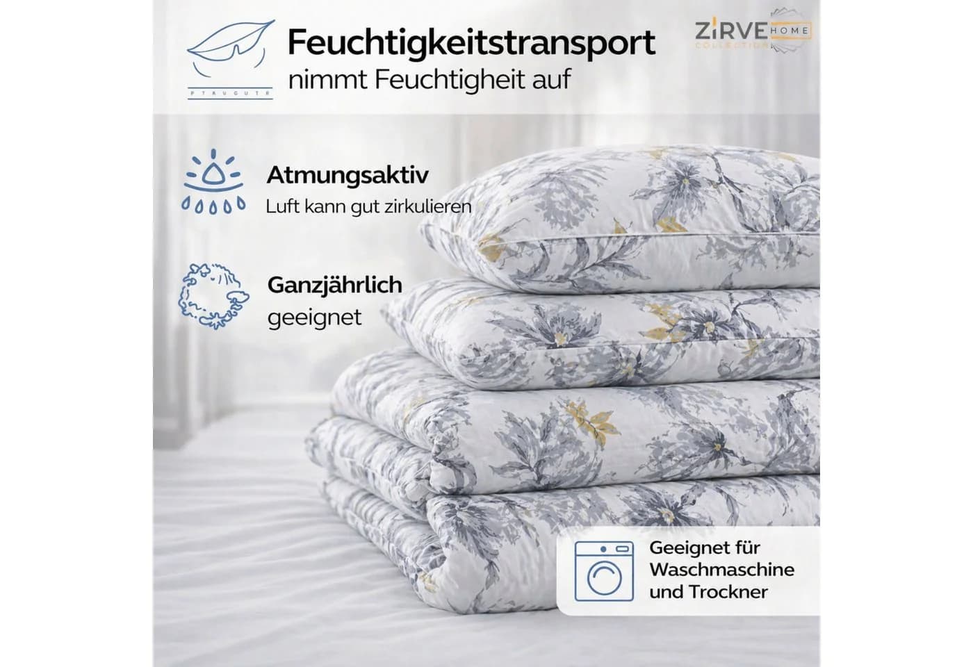 ZIRVEHOME Bettwäsche Set 3-teilig Blumenmuster Grau Weiß Gelb Baumwolle