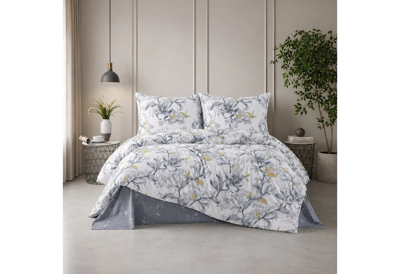 ZIRVEHOME Bettwäsche Set 3-teilig Blumenmuster Grau Weiß Gelb Baumwolle - Bild 2