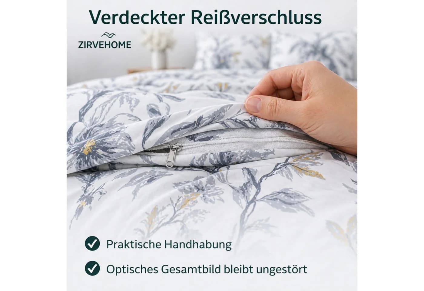 ZIRVEHOME Bettwäsche Set 3-teilig Blumenmuster Grau Weiß Gelb Baumwolle - Bild 5