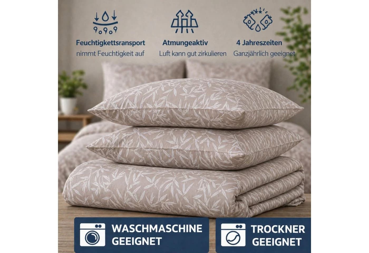 ZIRVEHOME Bettwäsche 2-teilig Beige Baumwolle Bambusblätter Design - Bild 3