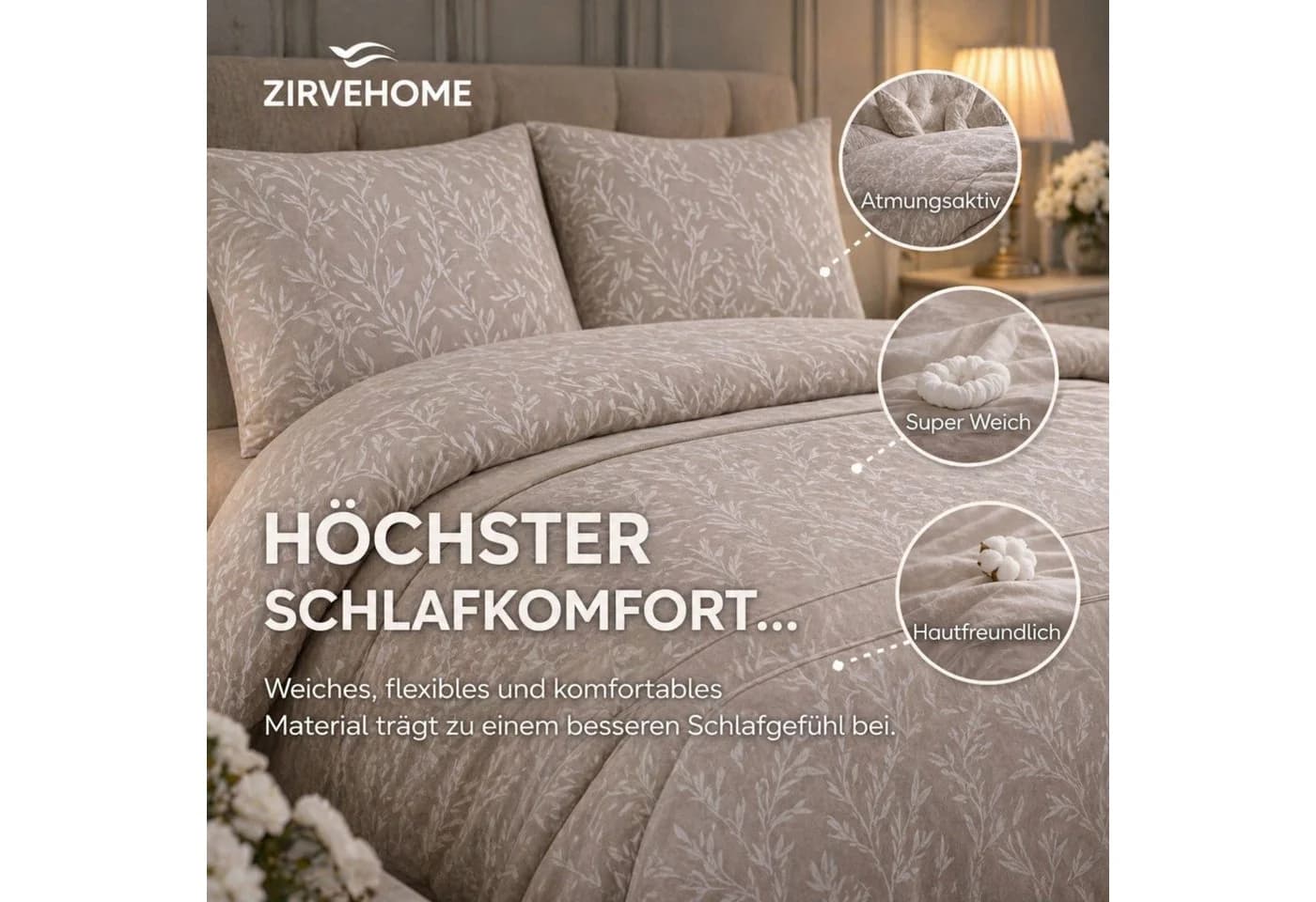 ZIRVEHOME Bettwäsche 2-teilig Beige Baumwolle Bambusblätter Design - Bild 5