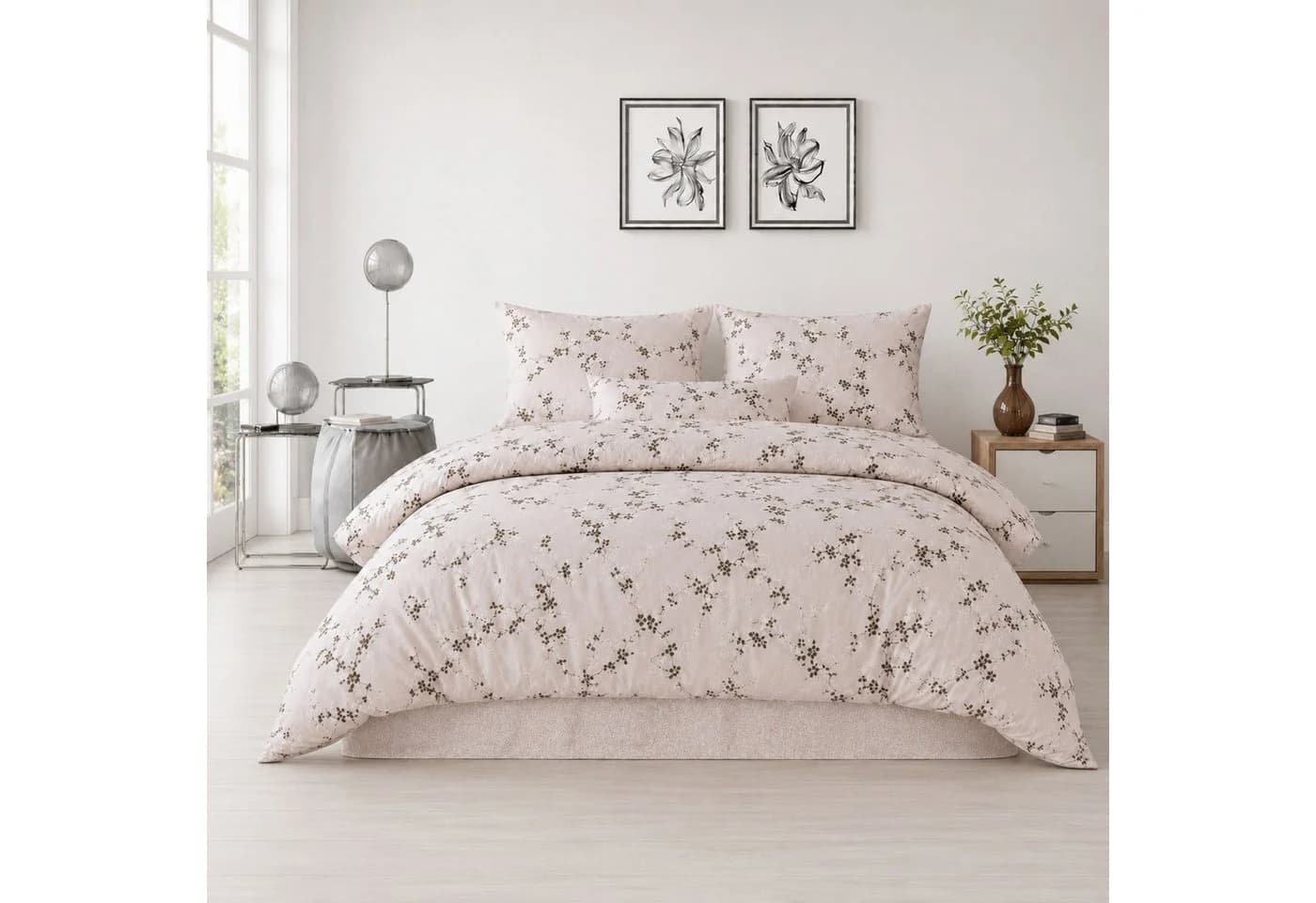 ZIRVEHOME Bettwäsche 3-teilig Beige Schwarz Weiß Blumenmuster Renforce