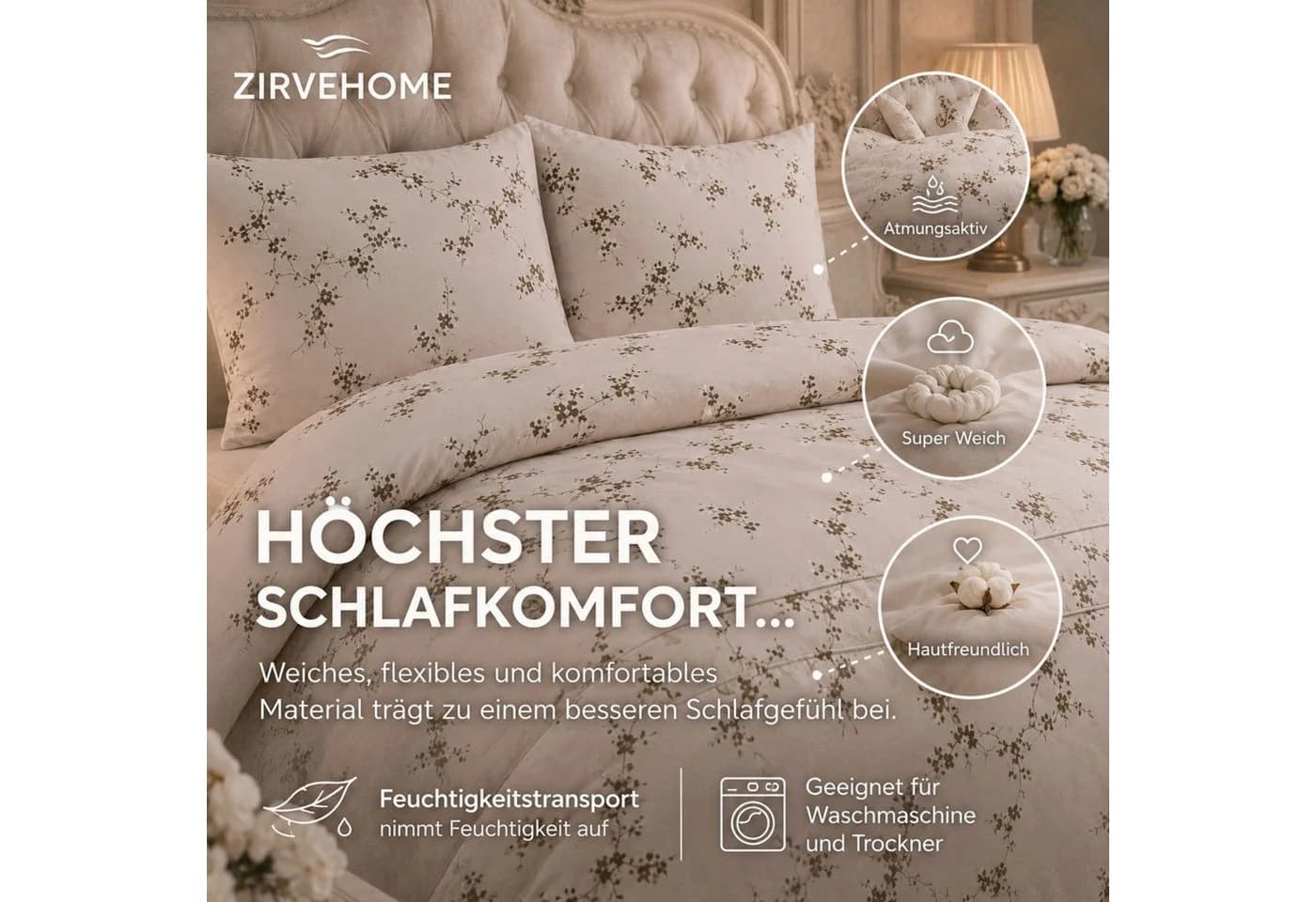 ZIRVEHOME Bettwäsche 3-teilig Beige Schwarz Weiß Blumenmuster Renforce - Bild 4