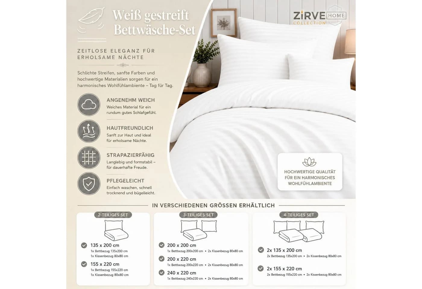 ZIRVEHOME Bettwäsche-Set 3-tlg. Weiß Damast Streifen 240x220 cm - Bild 5