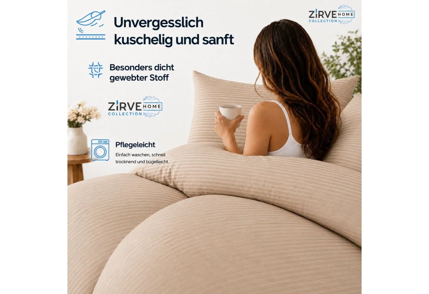 ZIRVEHOME Bettwäsche Set Beige Damast Streifen 135x200 cm - Bild 4
