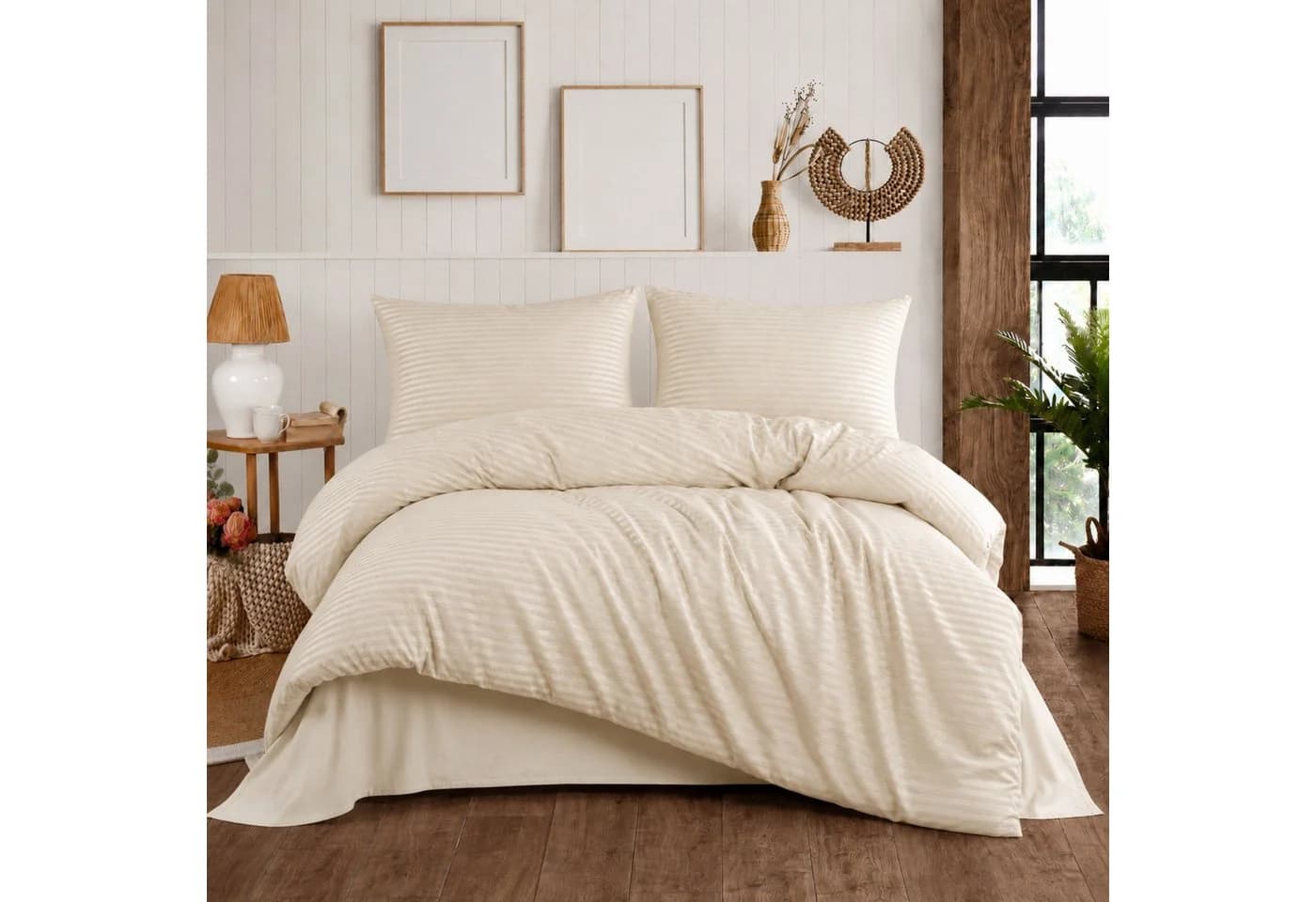 ZIRVEHOME Bettwäsche Set Creme Damast Streifen 135x200 cm