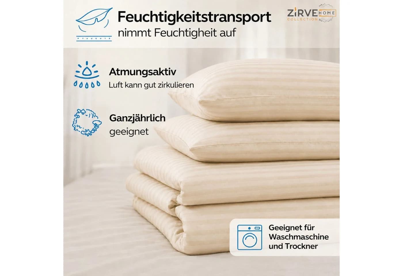 ZIRVEHOME Bettwäsche Set Creme Damast Streifen 135x200 cm - Bild 3