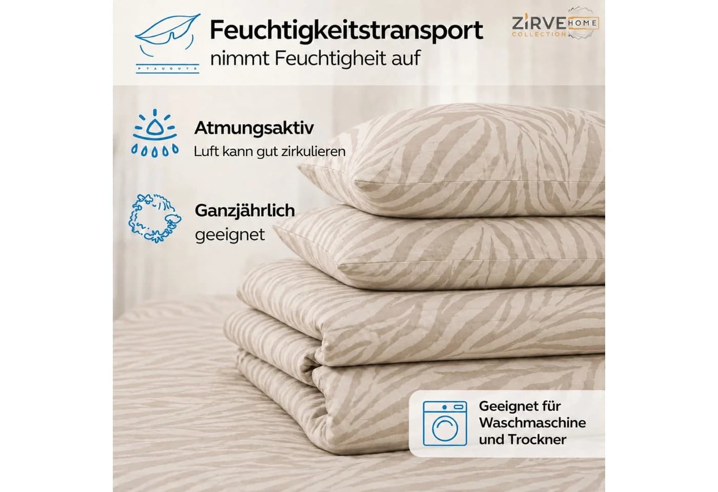 ZIRVEHOME Bettwäsche 3-teilig Beige Zebra-Muster Baumwolle - Bild 3