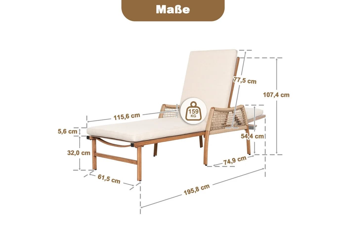 Avestar Gartenliege Beige mit verstellbarer Rückenlehne und Kissen - Bild 3