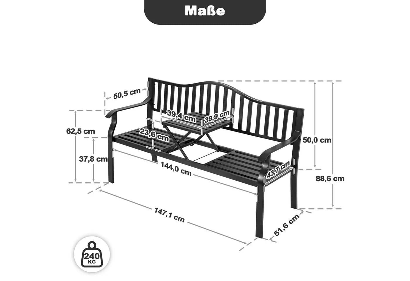Avestar Gartenbank mit Tisch - E-beschichteter Metallrahmen