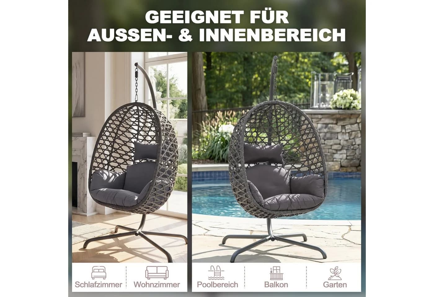 Avestar Hängesessel Outdoor-Schaukel Eiform Grau mit Kissen - Bild 5