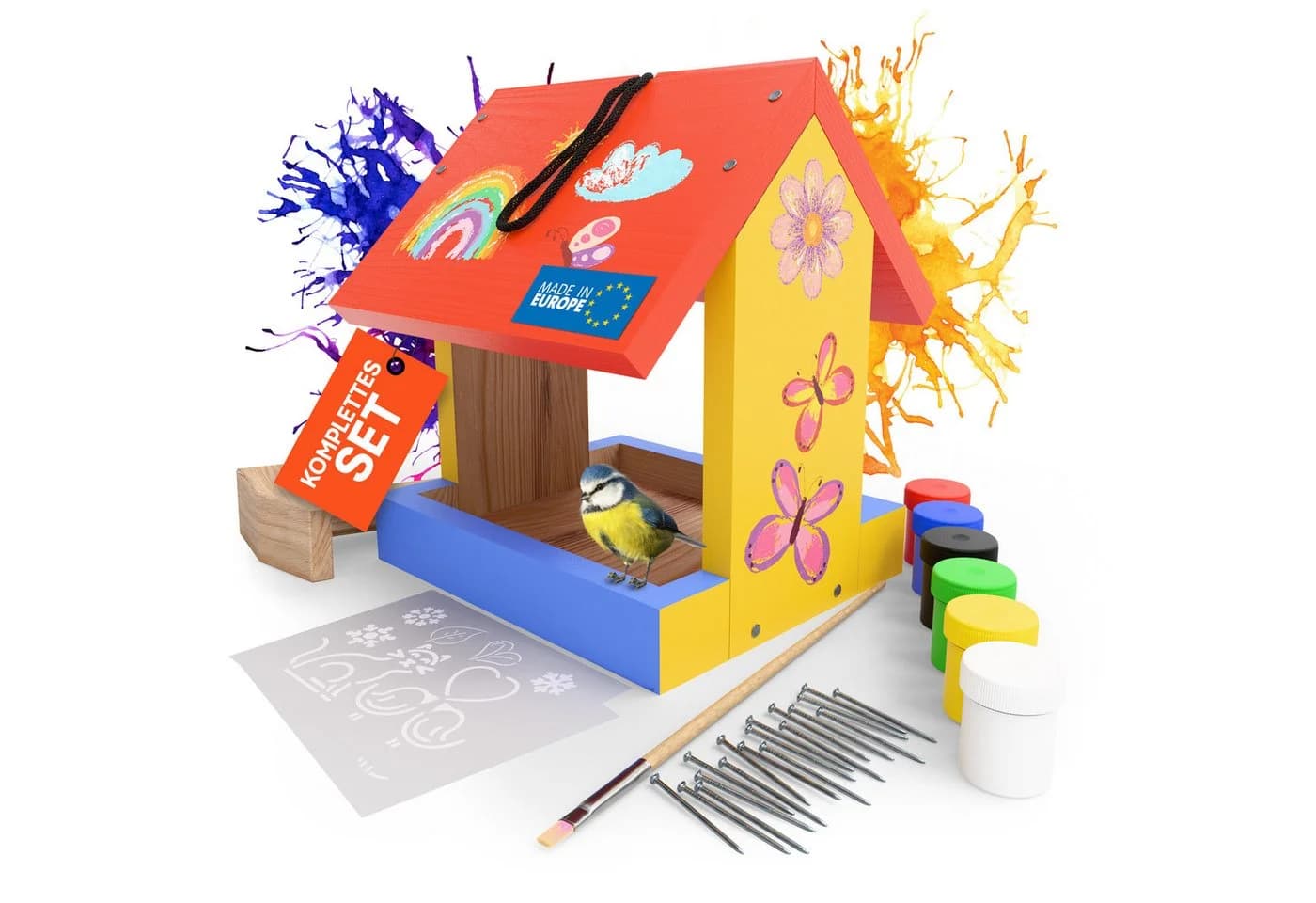Eli Futterhaus Bausatz für Kinder zum Bemalen mit 6 Farben, Holzhammer & Nägel - Bild 2
