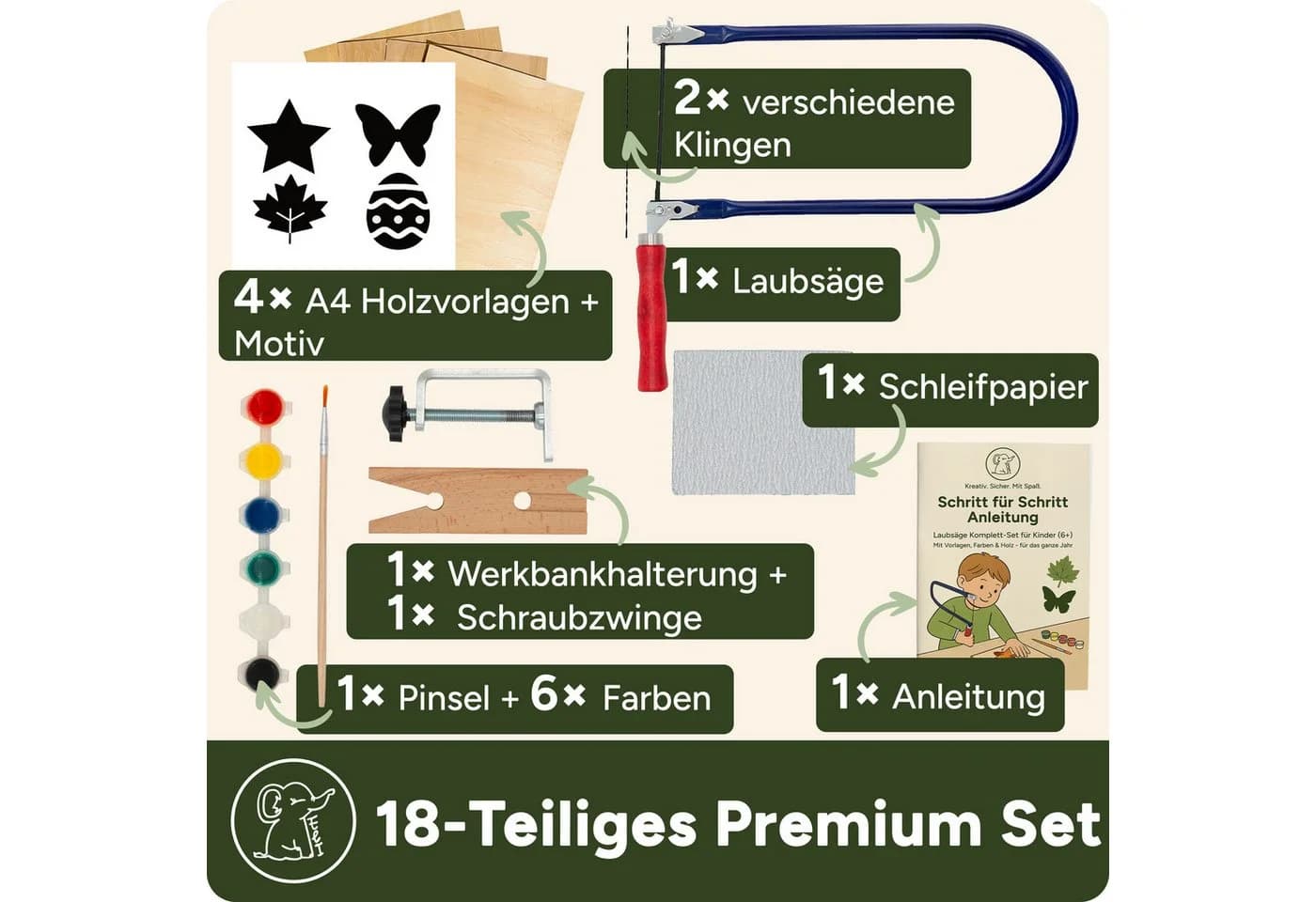 Eli Kinder-Werkzeug-Set Laubsäge 18-tlg. inkl. Holzplatten & Farbe - Bild 5