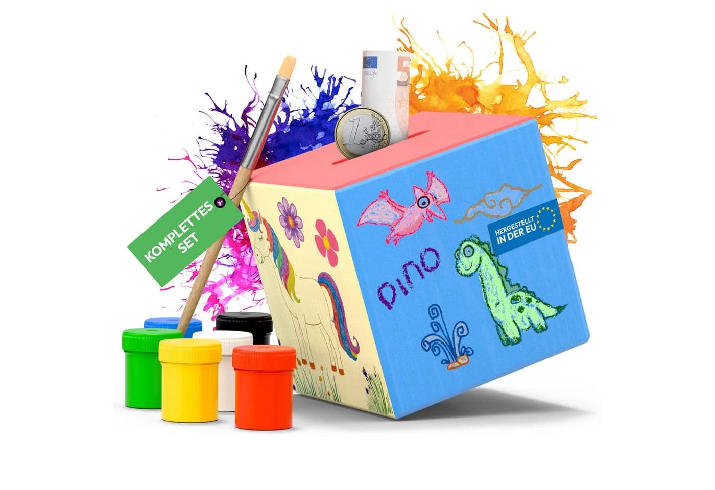 Eli Spardose Kinder aus Holz zum bemalen inkl. 6 Farben und Pinsel - Sparschwein - Bild 2