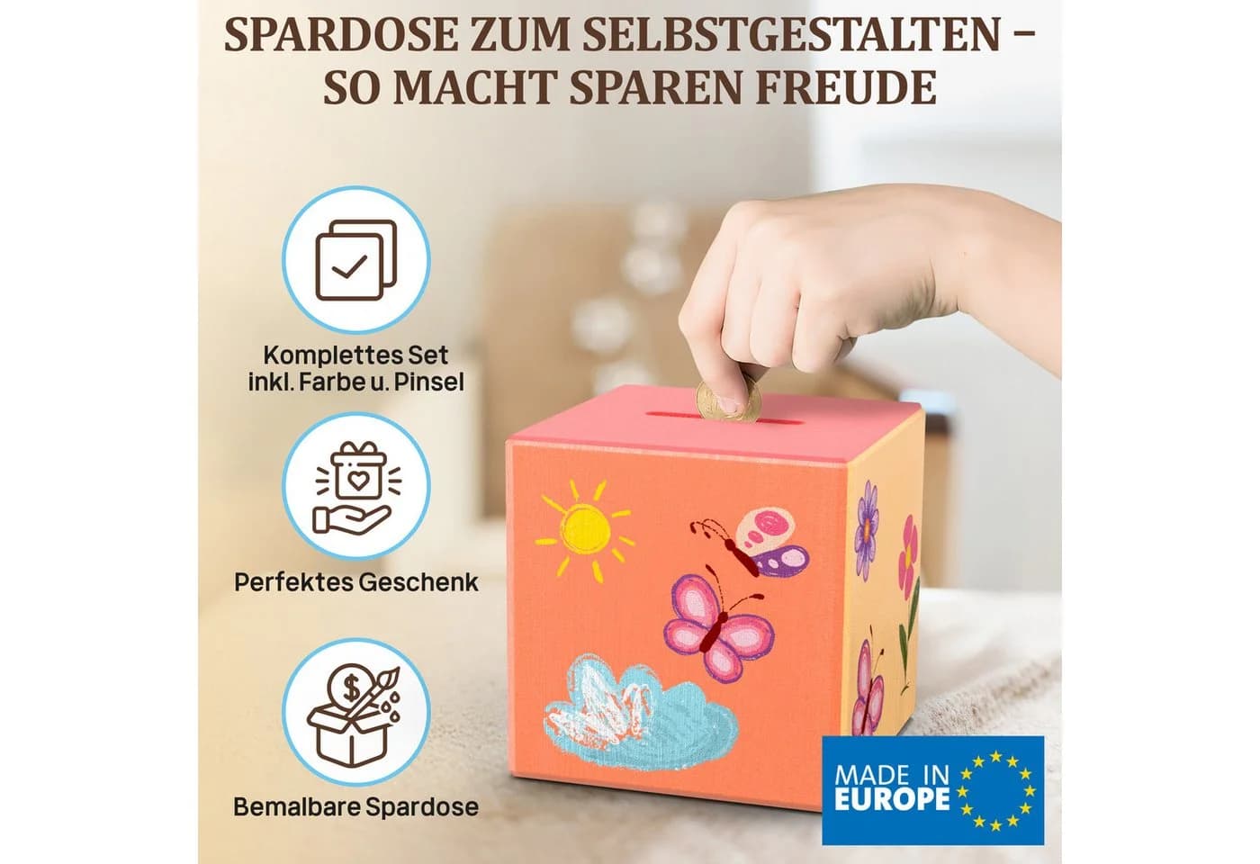 Eli Spardose Kinder aus Holz zum bemalen inkl. 6 Farben und Pinsel - Sparschwein - Bild 3