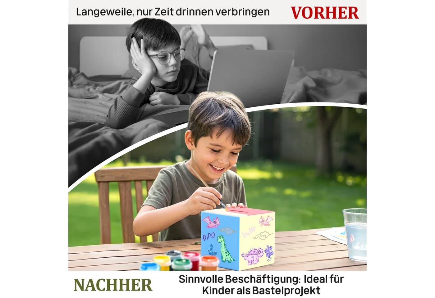Eli Spardose Kinder aus Holz zum bemalen inkl. 6 Farben und Pinsel - Sparschwein - Bild 4