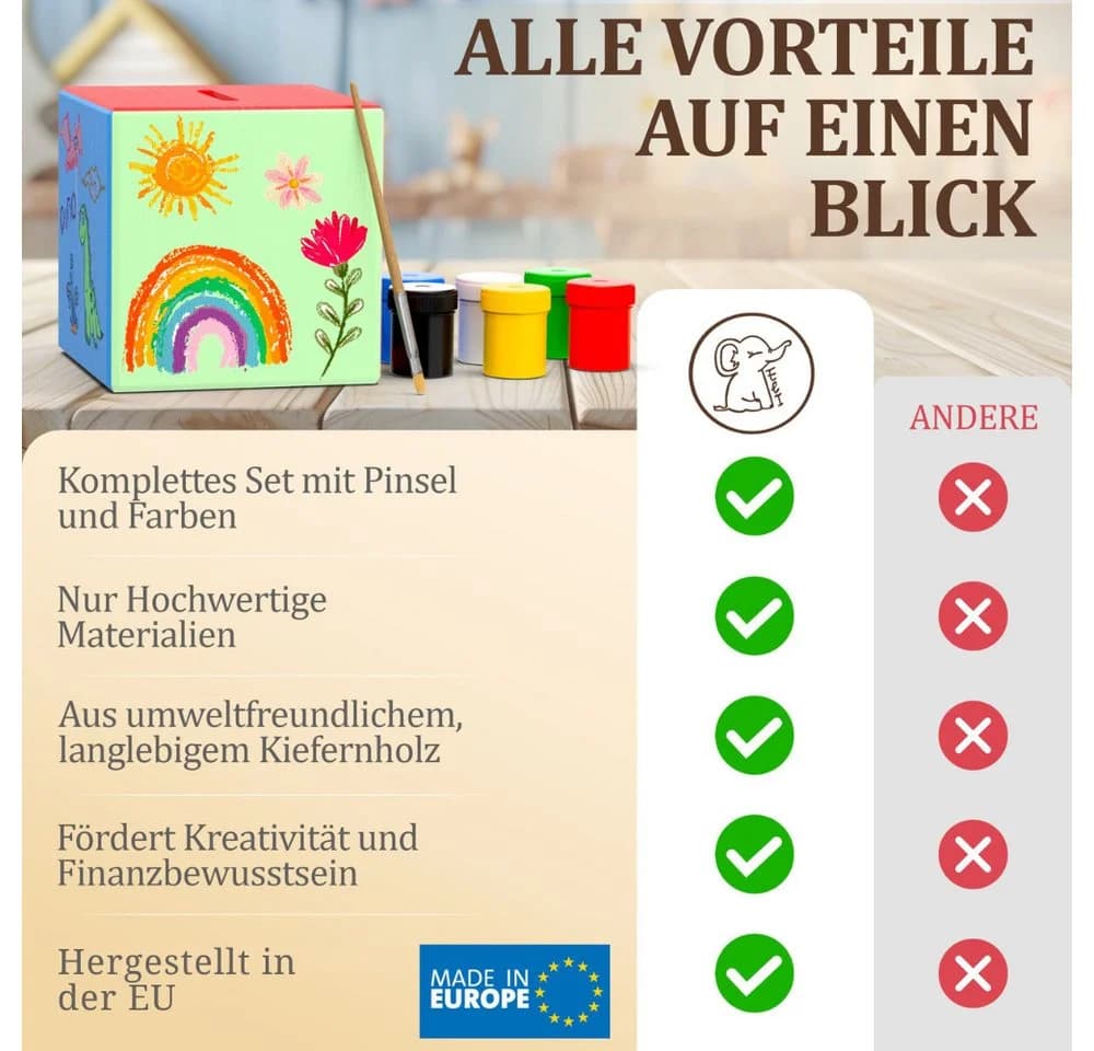Eli Spardose Kinder aus Holz zum bemalen inkl. 6 Farben und Pinsel - Sparschwein - Bild 5