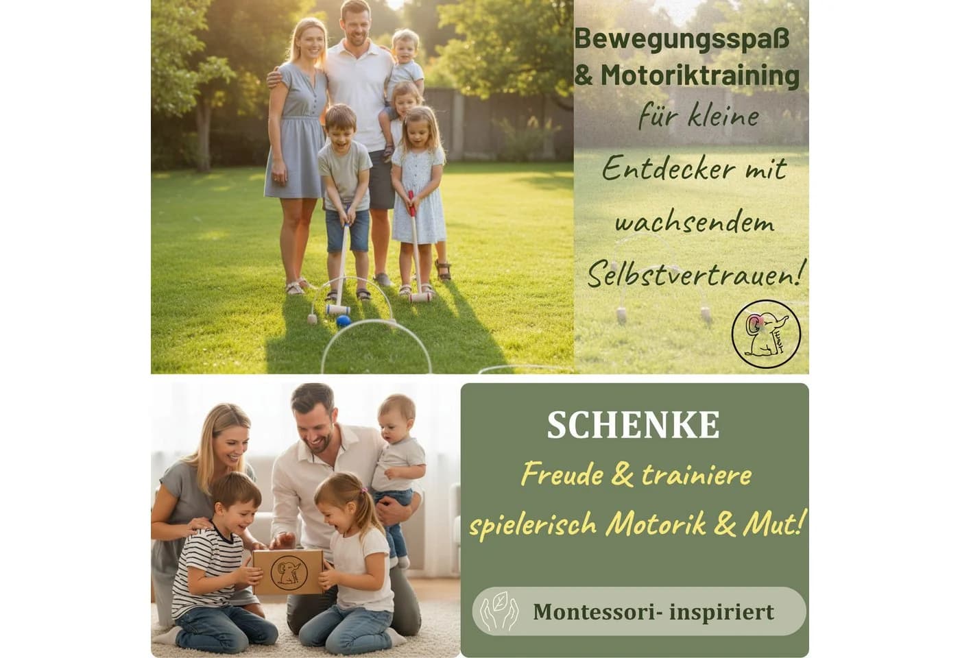 Eli Spielzeug-Gartenset Krocket Spiel für Kinder inkl Schläger - Ziele und Bälle aus Holz