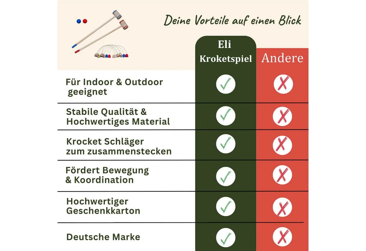 Eli Spielzeug-Gartenset Krocket Spiel für Kinder inkl Schläger - Ziele und Bälle aus Holz - Bild 4