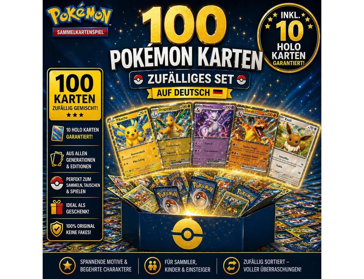 DragonCollect Pokémon Sammelkarten 100 Karten inkl. 10 Holos Mystery Pack Sammlung
