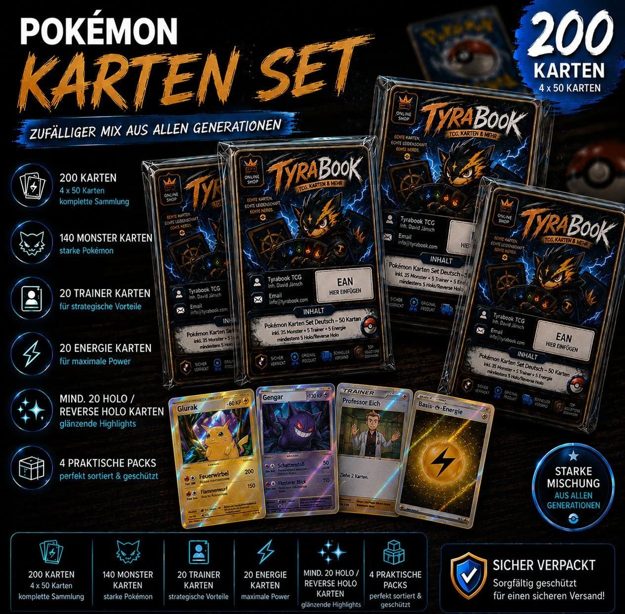DragonCollect Pokémon Sammelkarten 200 Stück inkl. 20 Holos Deutsch