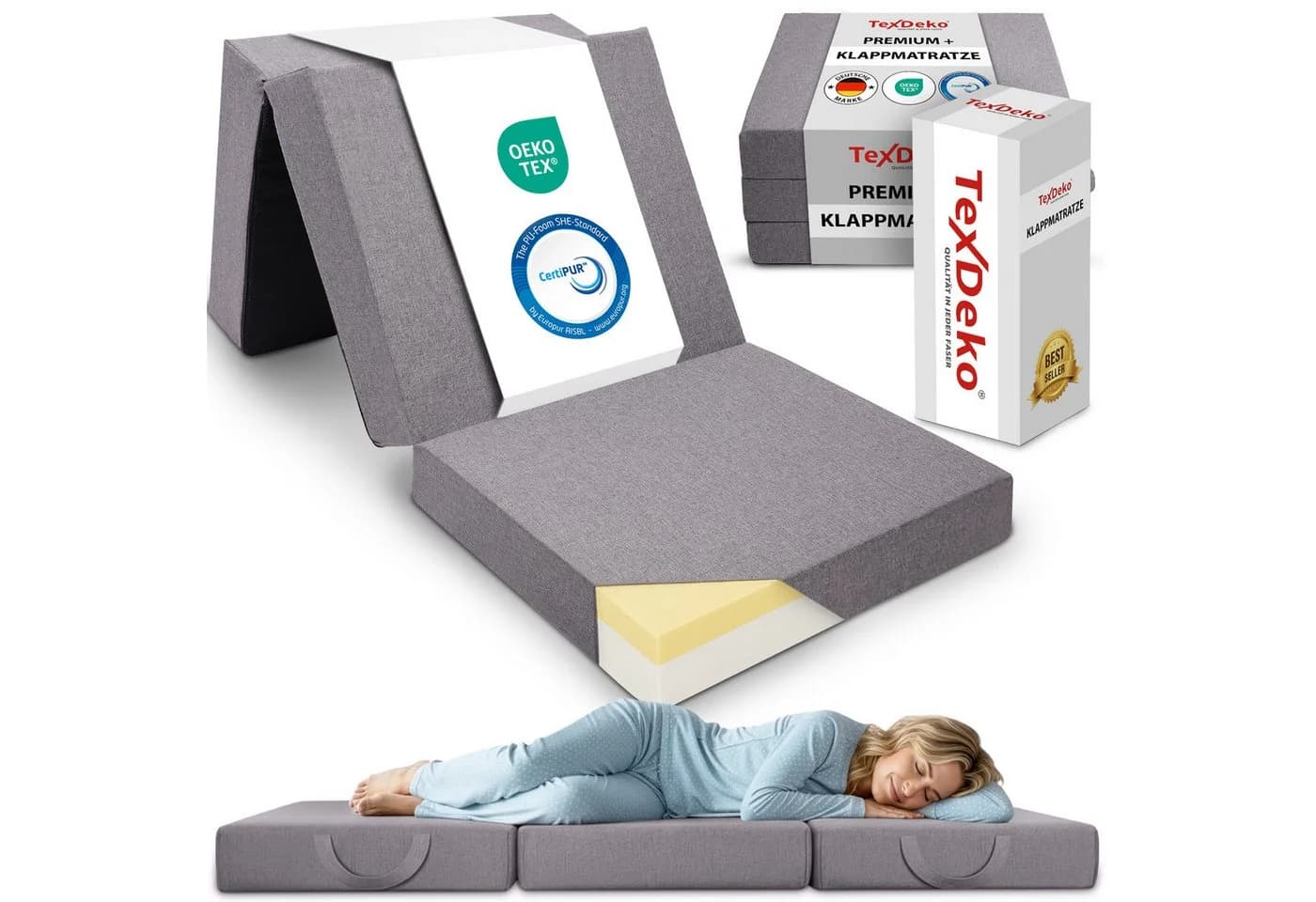 TexDeko Klappmatratze Premium Grau 15 cm Visco Härtegrad H3 - Bild 2