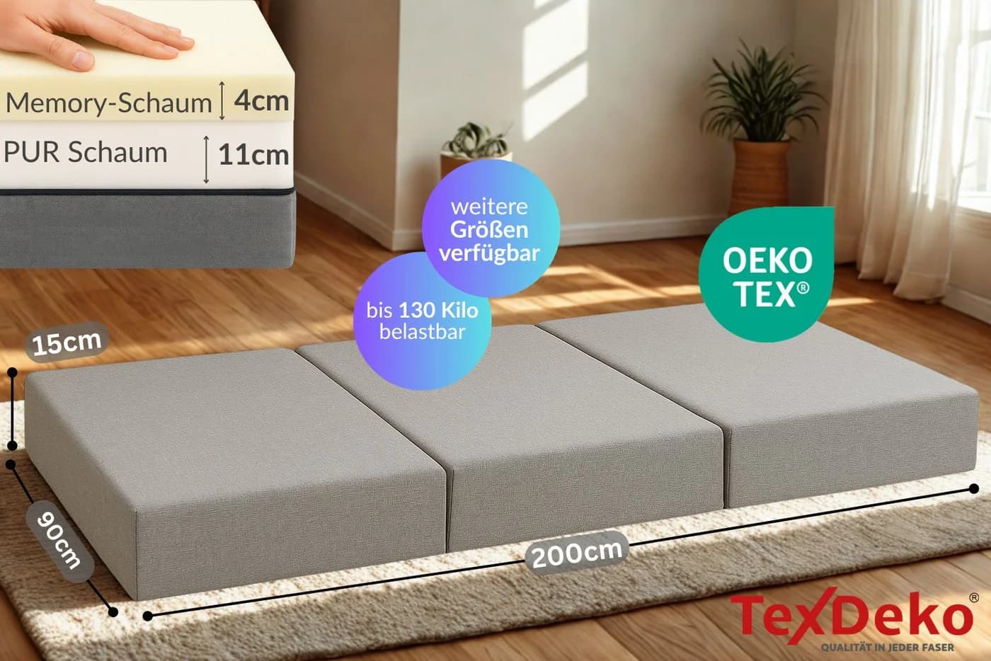 TexDeko Klappmatratze Premium Grau 15 cm dick mit Visco-Topper - Bild 5