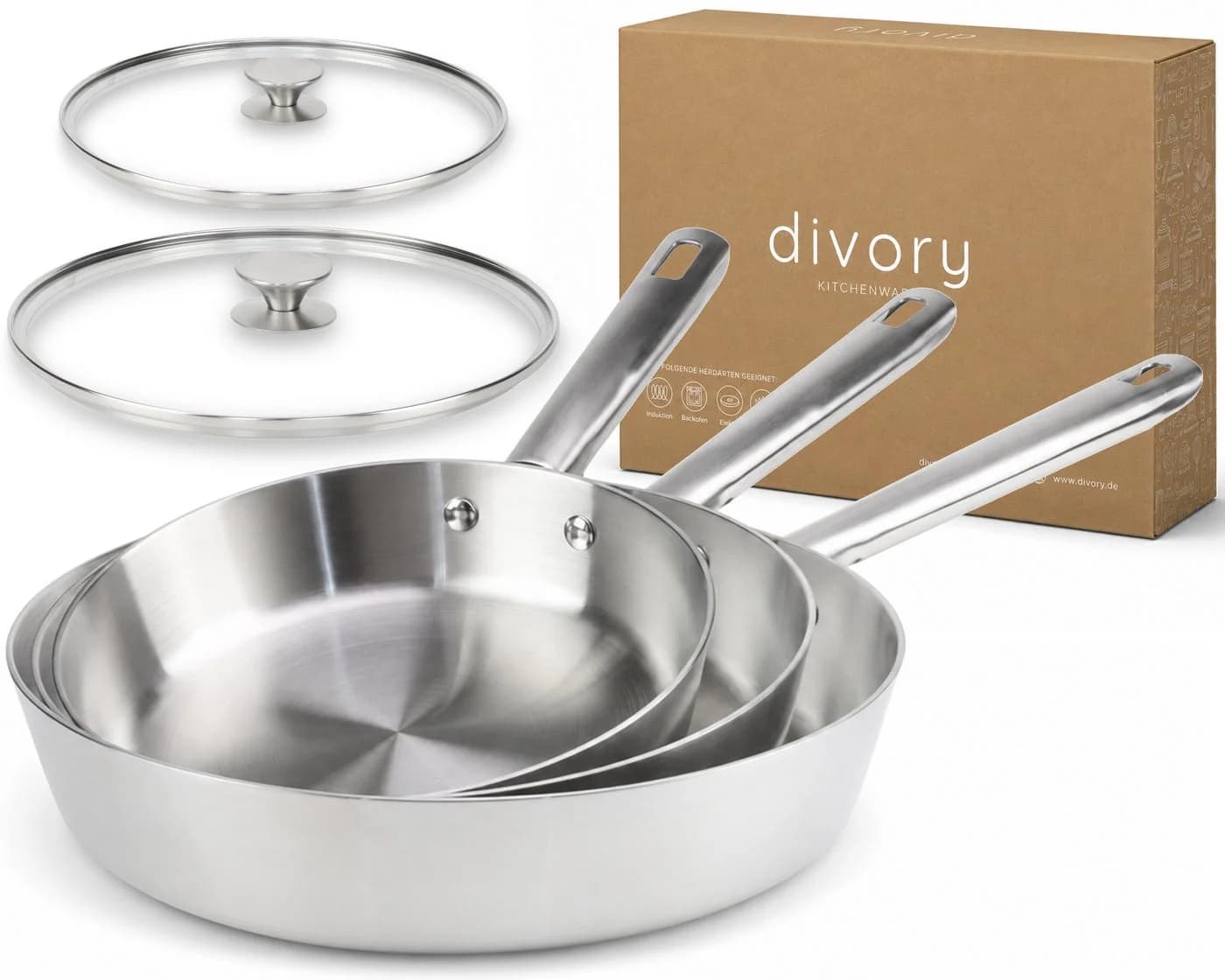 divory Pfannen-Set Edelstahl 5-tlg. 20/24/28 cm unbeschichtet - Bild 2