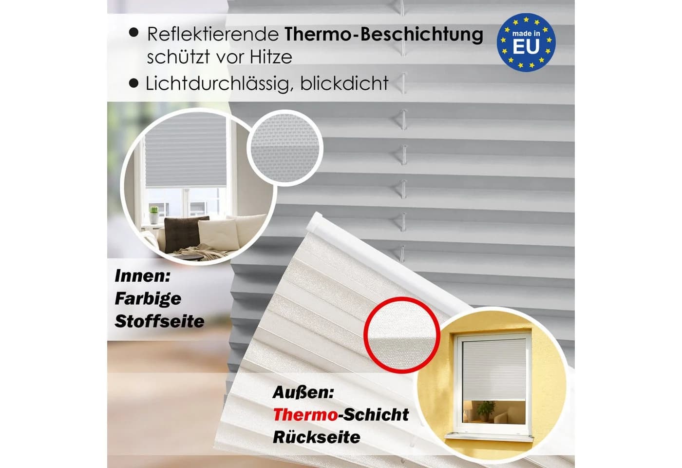 DomDeco Thermo-Plissee Grau Ohne Bohren Sichtschutz