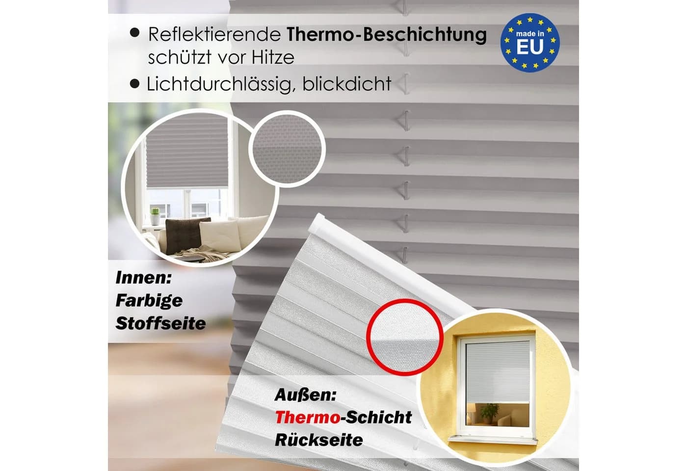 DomDeco Thermo Plissee Grau ohne Bohren mit Klemmfix