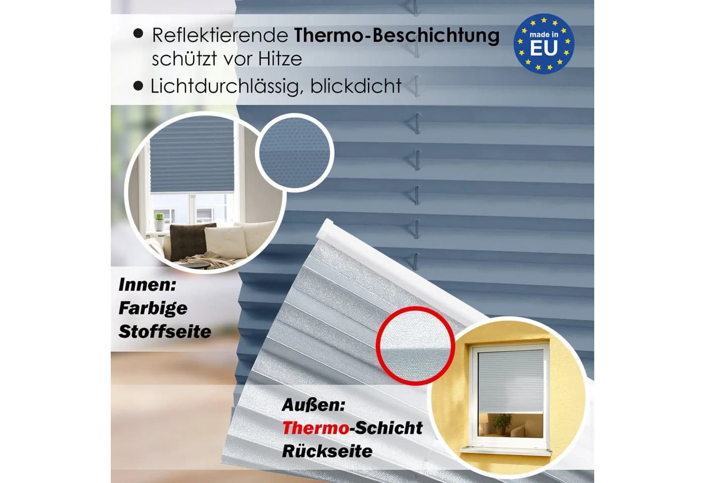 DomDeco Thermo-Plissee Blau Ohne Bohren Up-and-Down