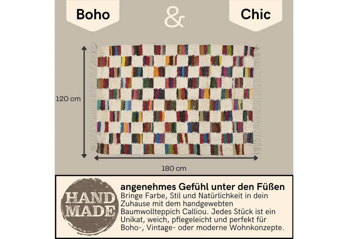 Marrakesch Orient & Mediterran Interior Handgewebter Boho Baumwollteppich Bunt - Bild 3